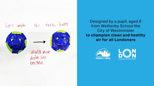 'Let's make the Earth happy'. Drawing of sad to happy Earth, a pupil, aged 6 from Wetherby School in the City of Westminster.