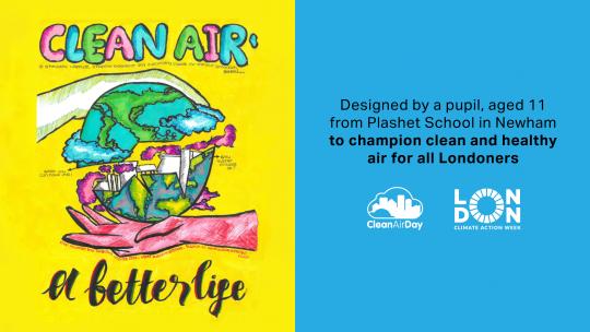 'Clean air, a better life'. Drawing of Earth split in two, with factories eaten by the two halves, designed by a pupil, aged 11 from Plashet School in Newham. 