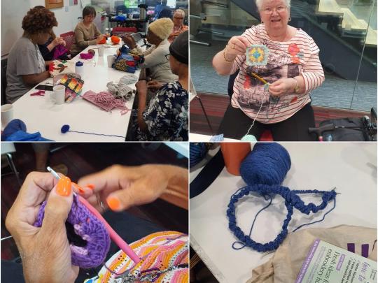 A collage of photos showing older people knitting around a table and close ups of their hands knitting and yarn.