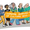 a cartoon illustration of 5 women holding up a banner reading "London Borough of Culture 2022"